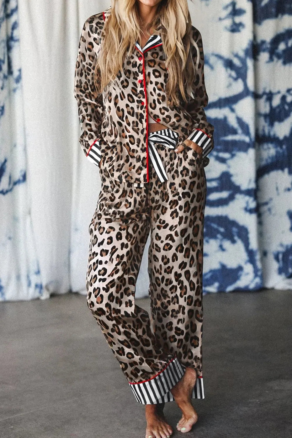 Leopard with the perfect blend on an edgy pinstripe accent pajama set