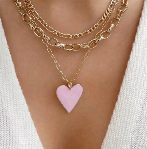 Multi Chain Necklace Set with Pink Heart Pendant
