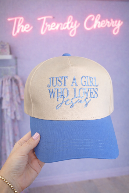 Just a girl who loves Jesus canvas baby blue trucker hat