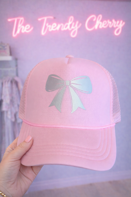 Pretty in Pink trucker hat with bow and pearl chain