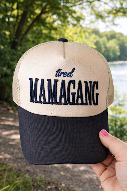 Tired Mamagang canvas black trucker hat