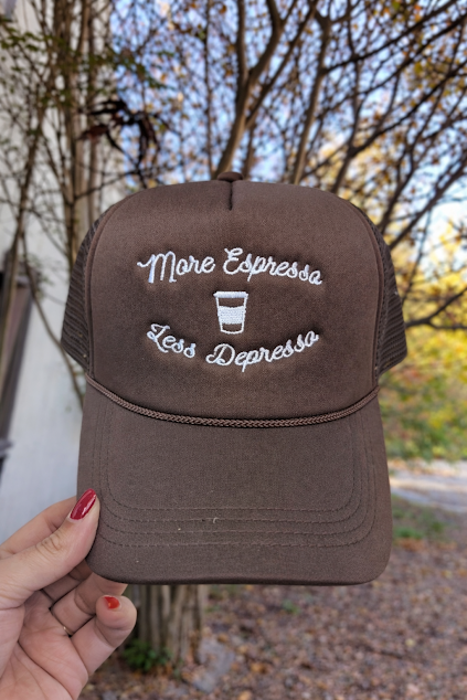 More Espresso Less Depresso Brown Trucker Hat