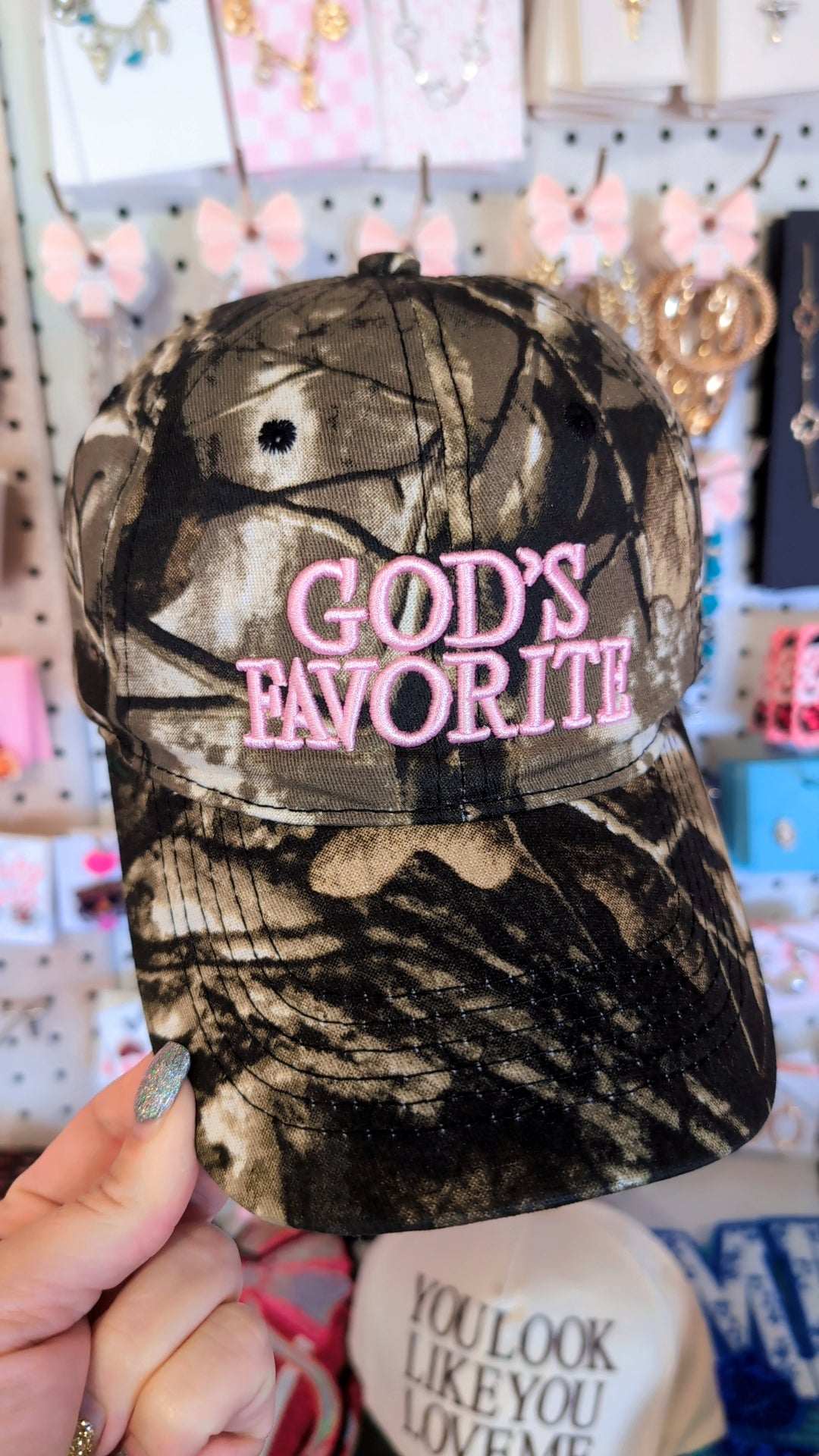 Pink God's favorite- dark camo trucker hat