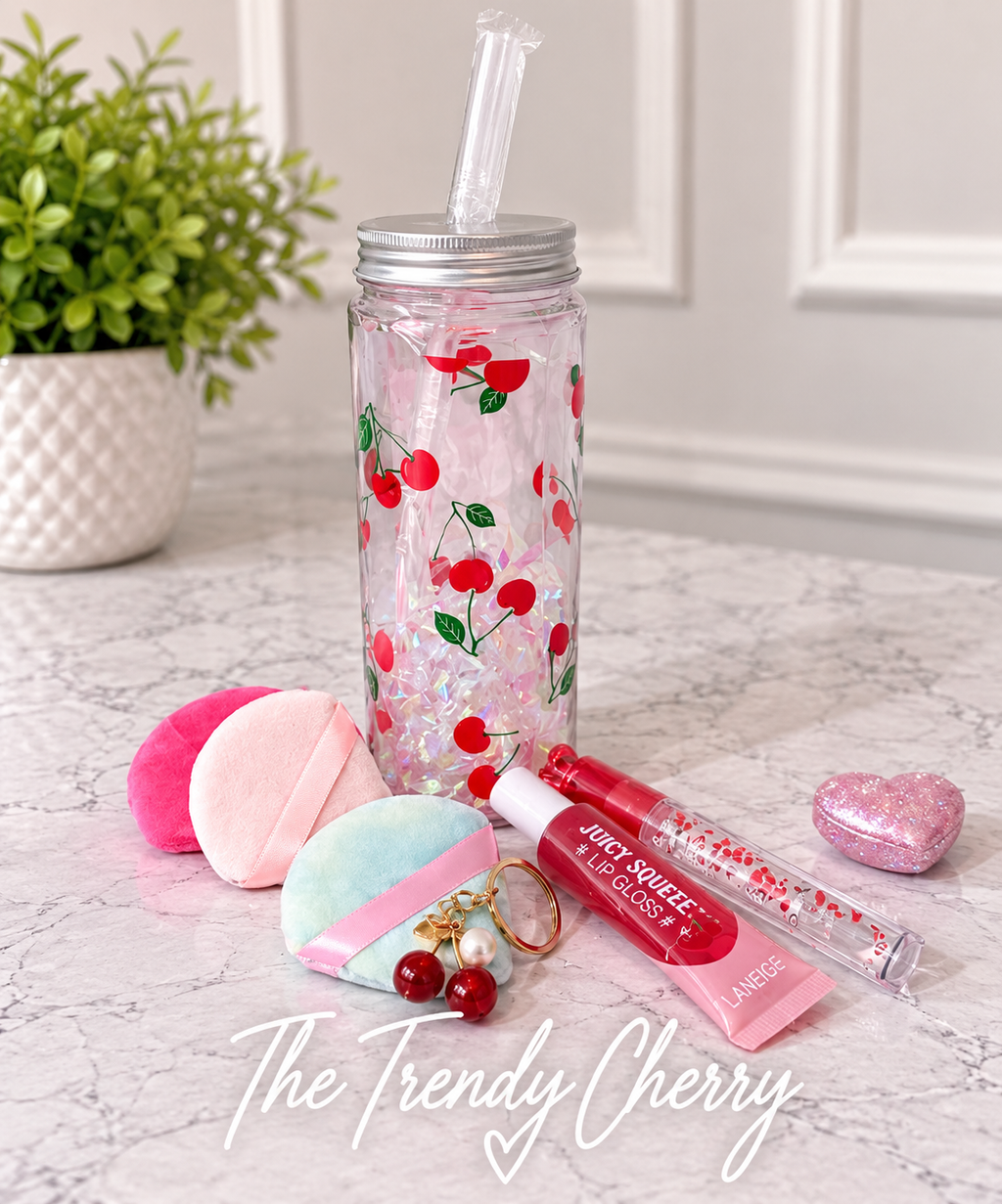 Cherry on top gift set-cherry cup with straw, lip gloss, lip balm, makeup pads, keychain