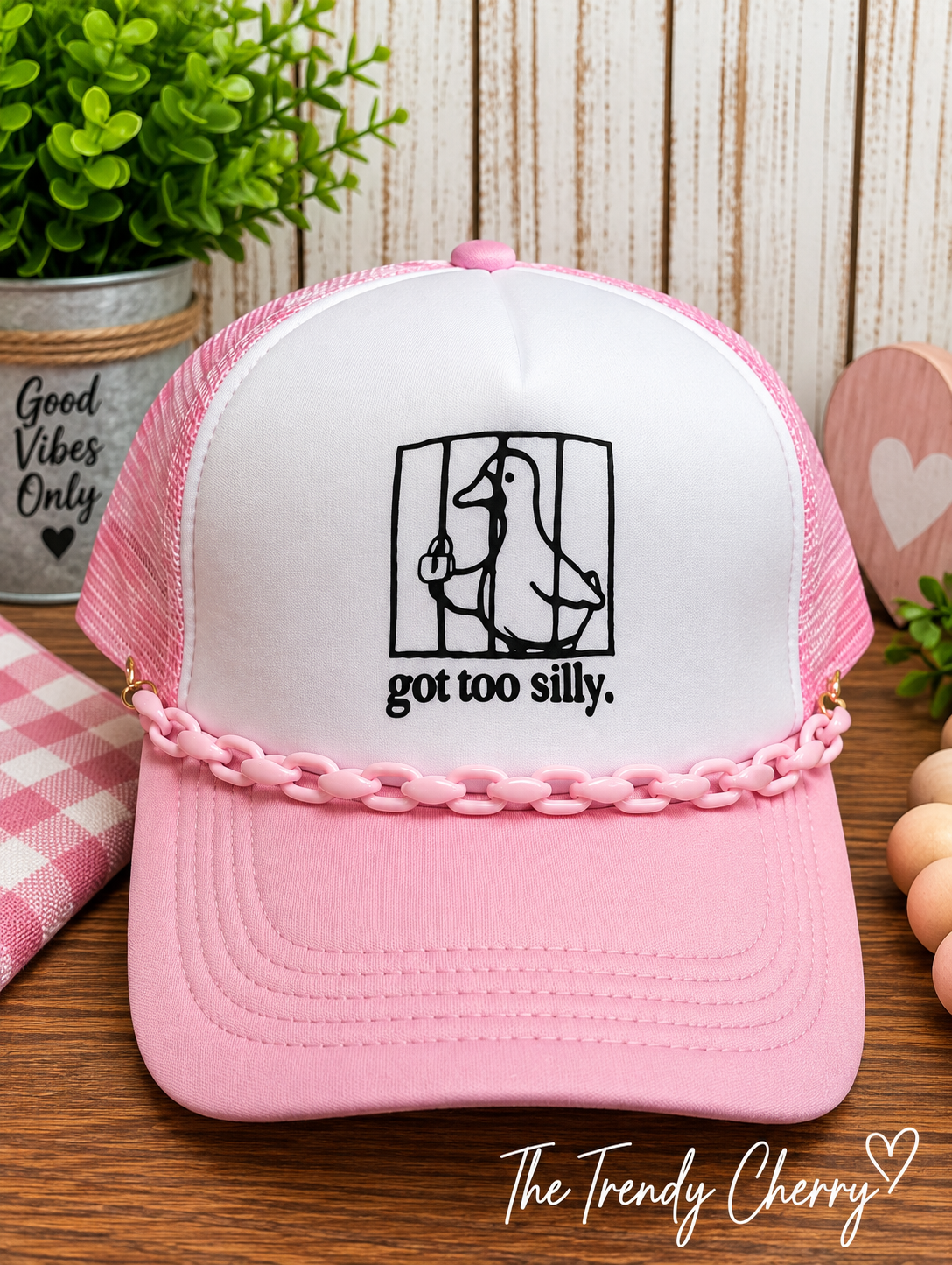 Pink, Got too Silly Trucker Hat with removable chain