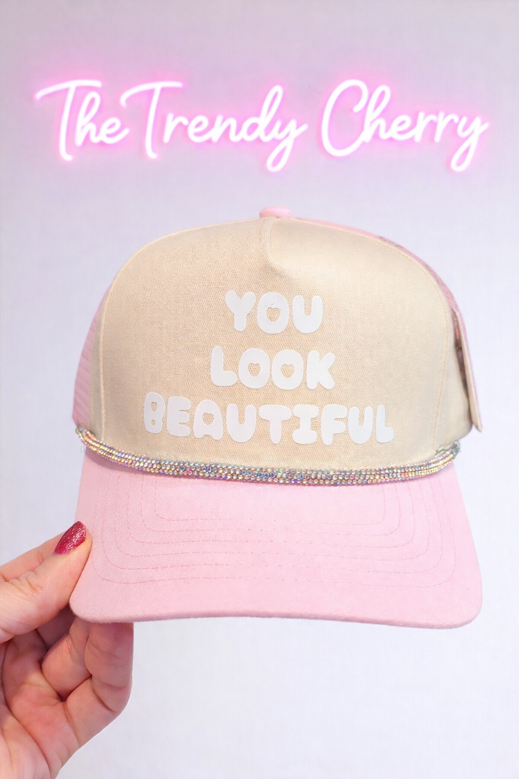 You look beautiful! Canvas trucker hat pink with removable hatching
