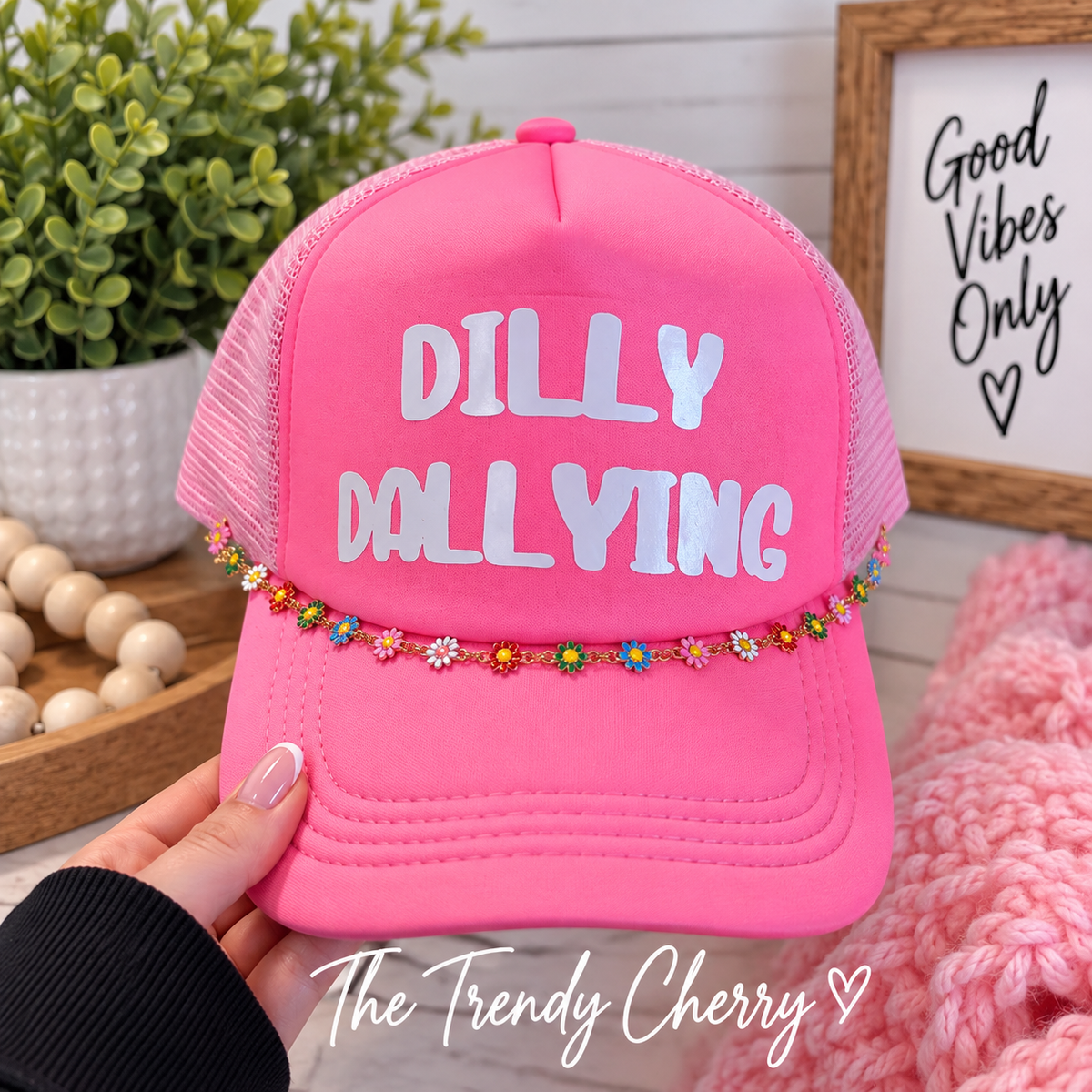 Neon Pink Dilly Dallying Trucker Hat with removable hat chain