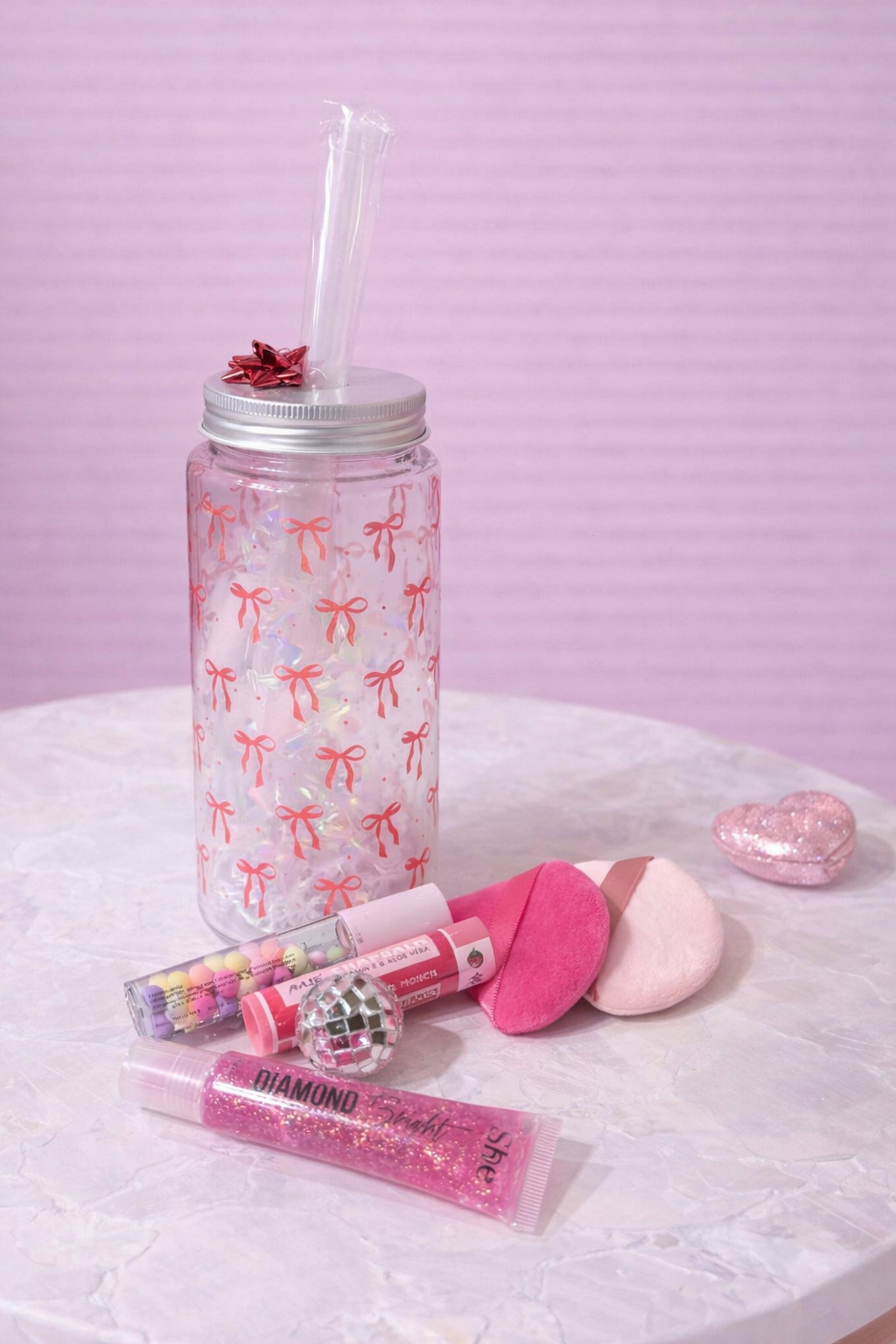 Pretty Pink Bow gift set-bow cup with straw, lip gloss, lip balm, makeup pads, disco ball