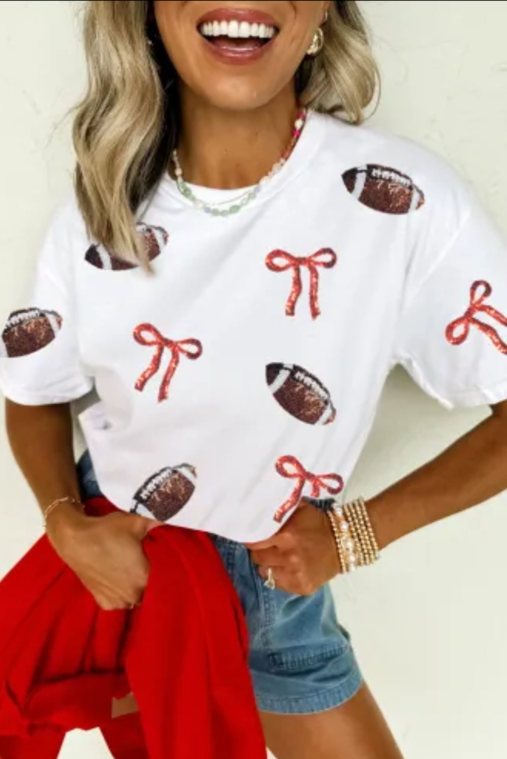 White Football Sequin Bow Print Round Neck Tee