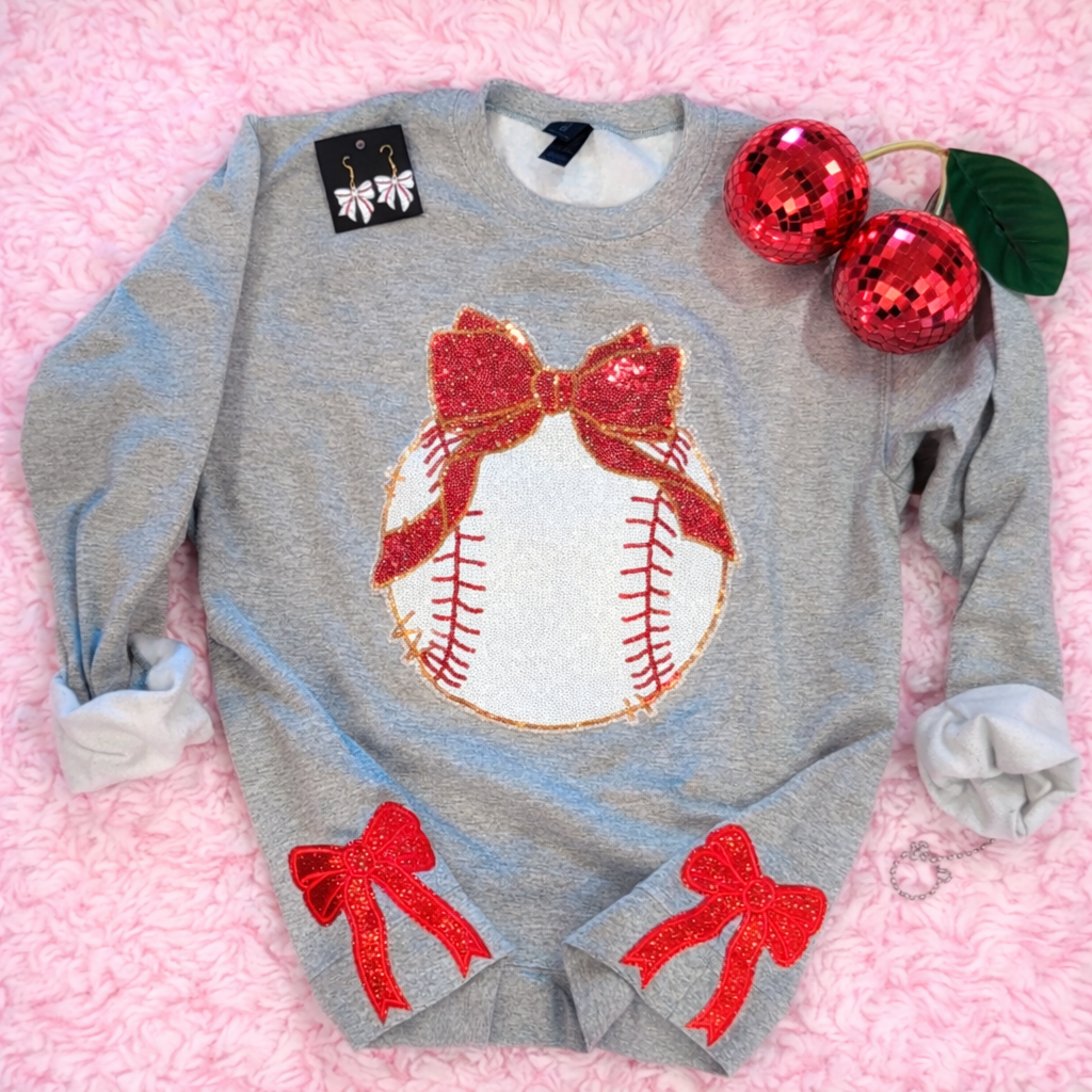Sequined Baseball Chenille Patch Grey Sweatshirt with side bow patches