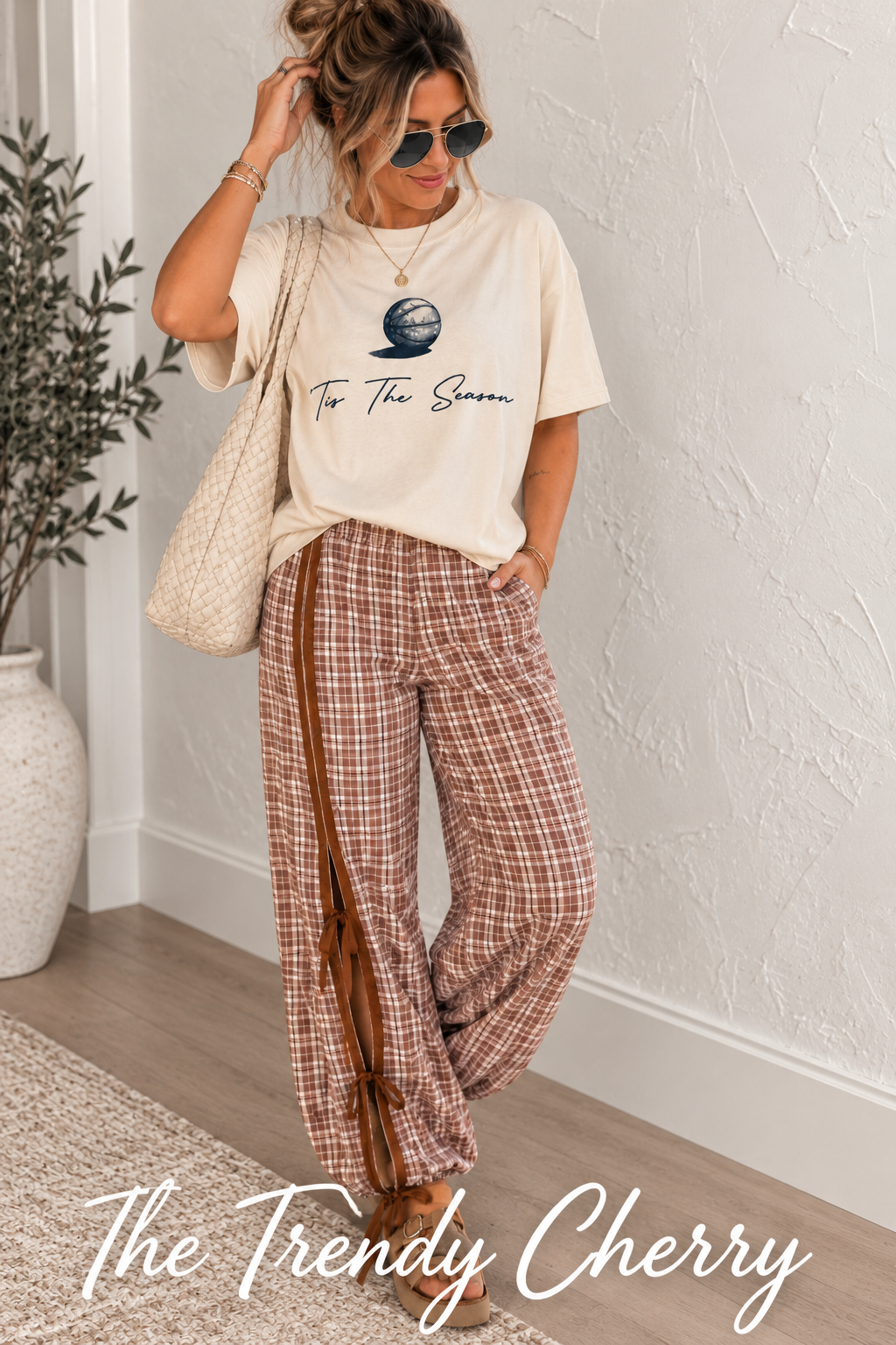 Chestnut Plaid Print Elastic Waist Bow Tie Contrast Detail Jogger Pants