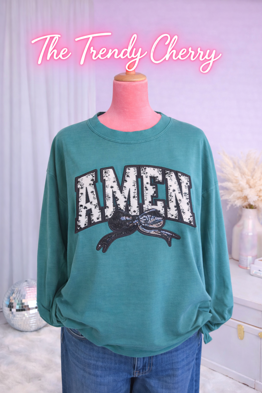 Zenana Pigment Dye Enzyme Washing Oversized Amen Chenille Patch Long sleeve