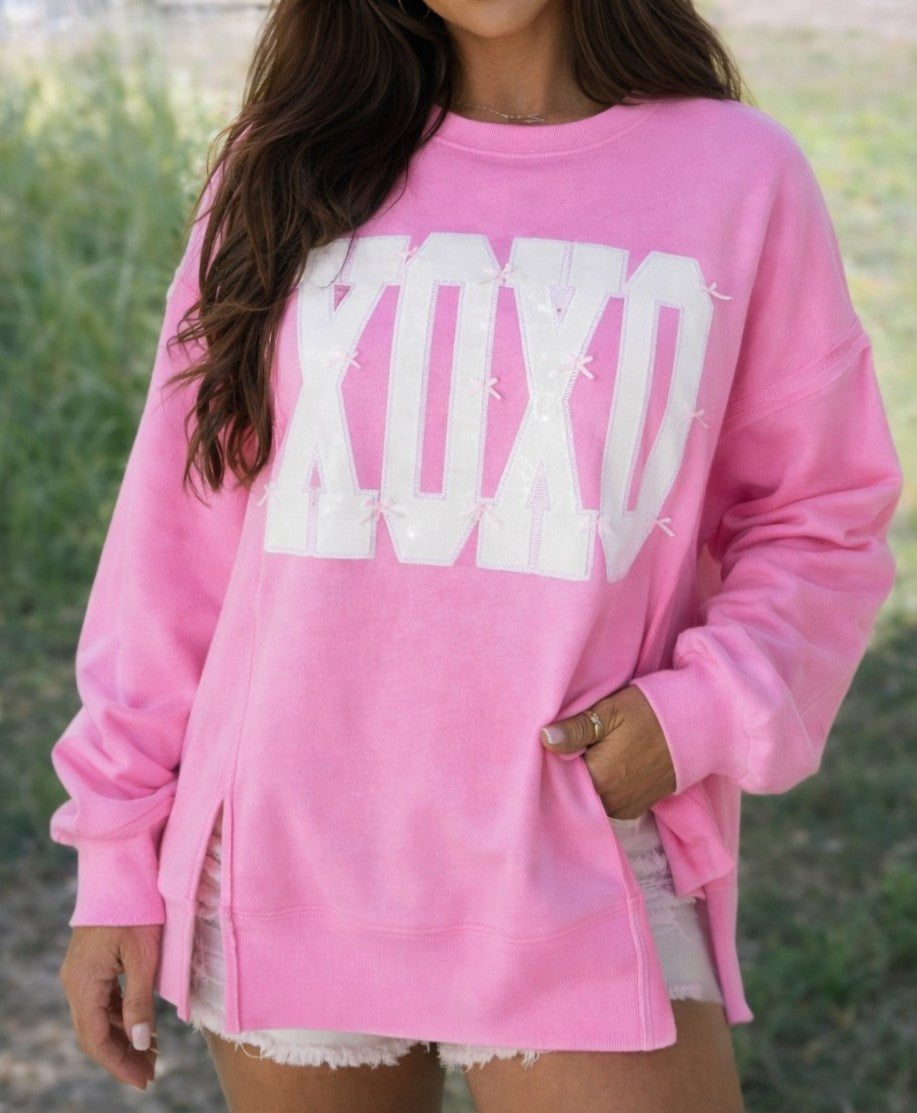 Pink Bow Sequin XOXO Letter Graphic Exposed Seam Baggy Sweatshirt