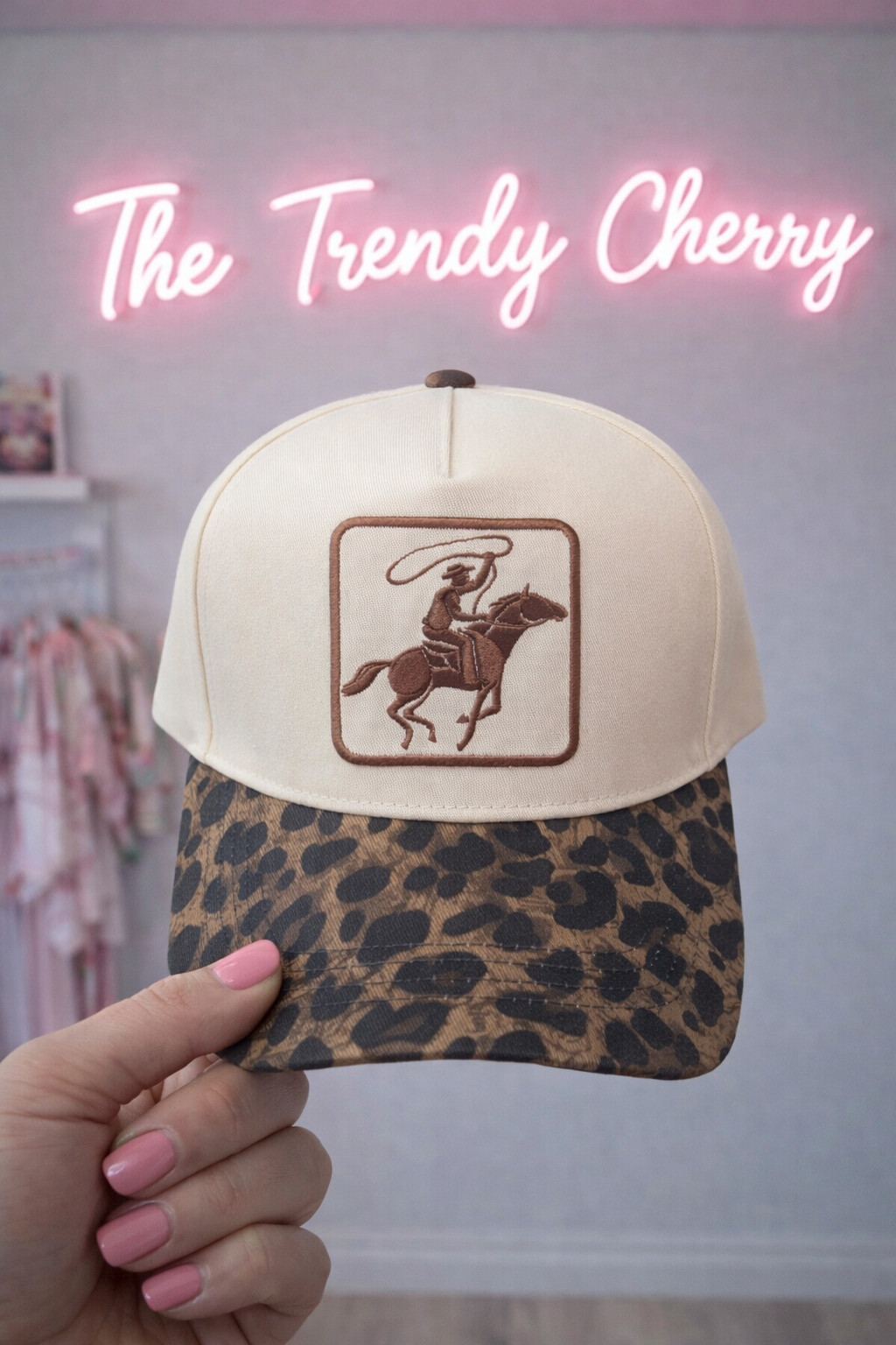 Leopard print rodeo trucker hat