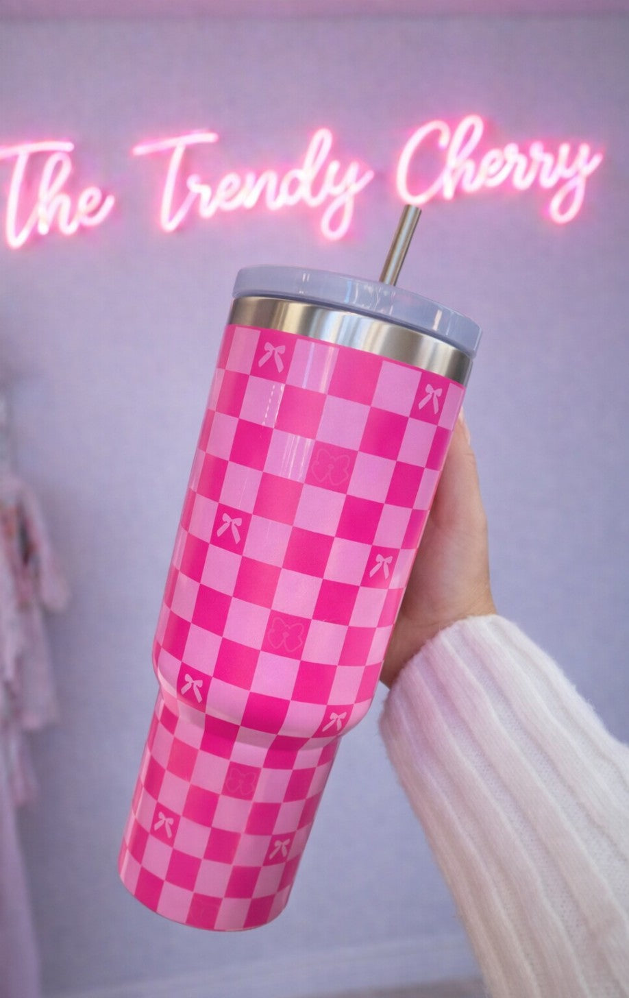 All girly pink checkered bow 40 oz tumbler
