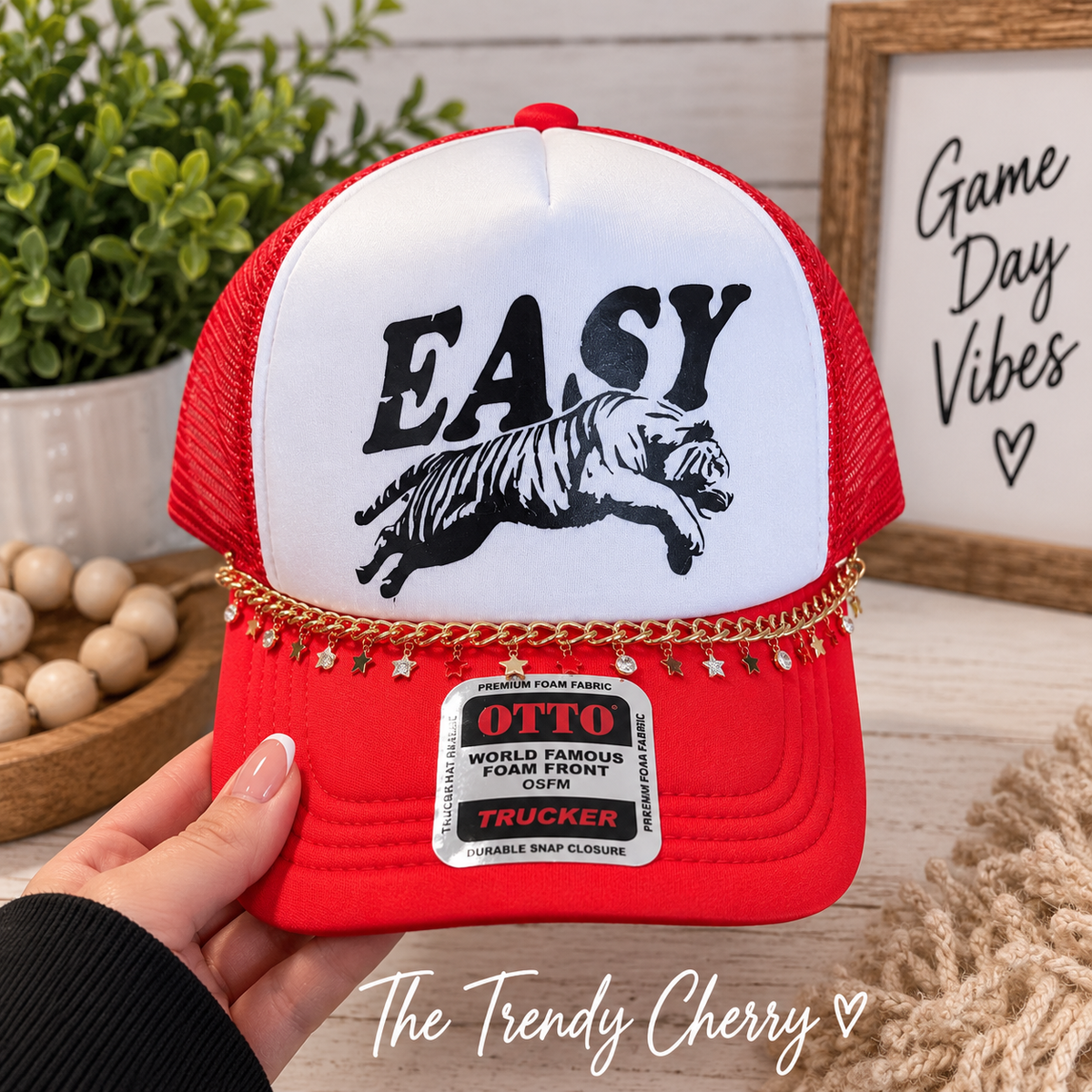 Red Easy Tiger Trucker Hat with removable hat chain