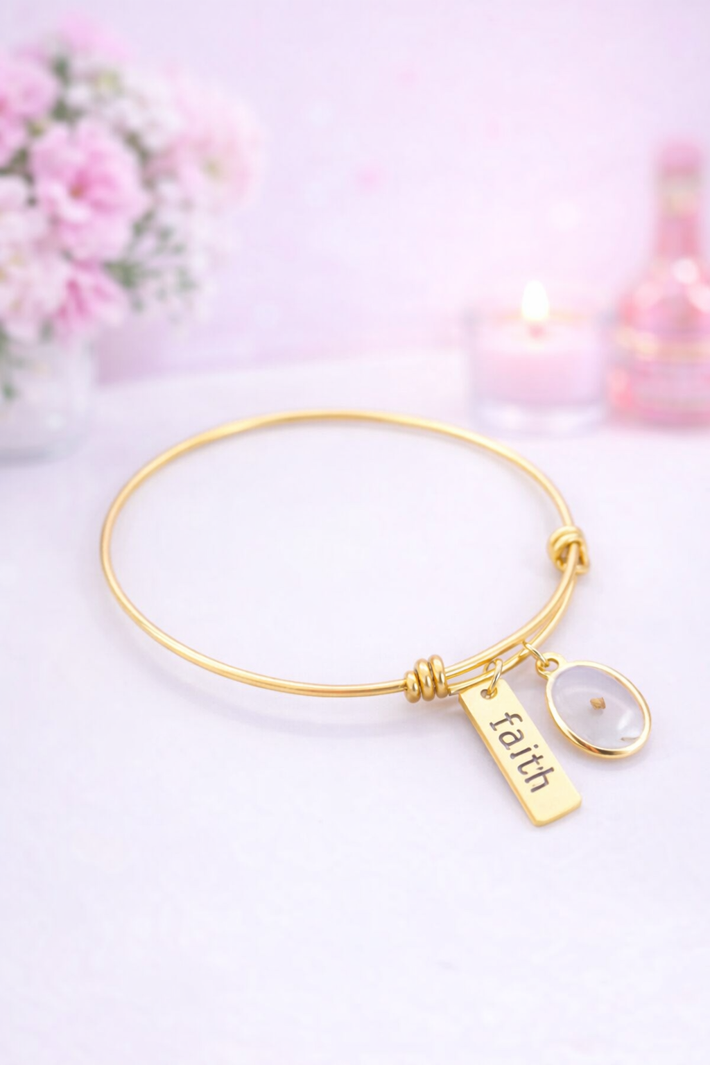 Mustard seed Faith, gold bangle bracelet