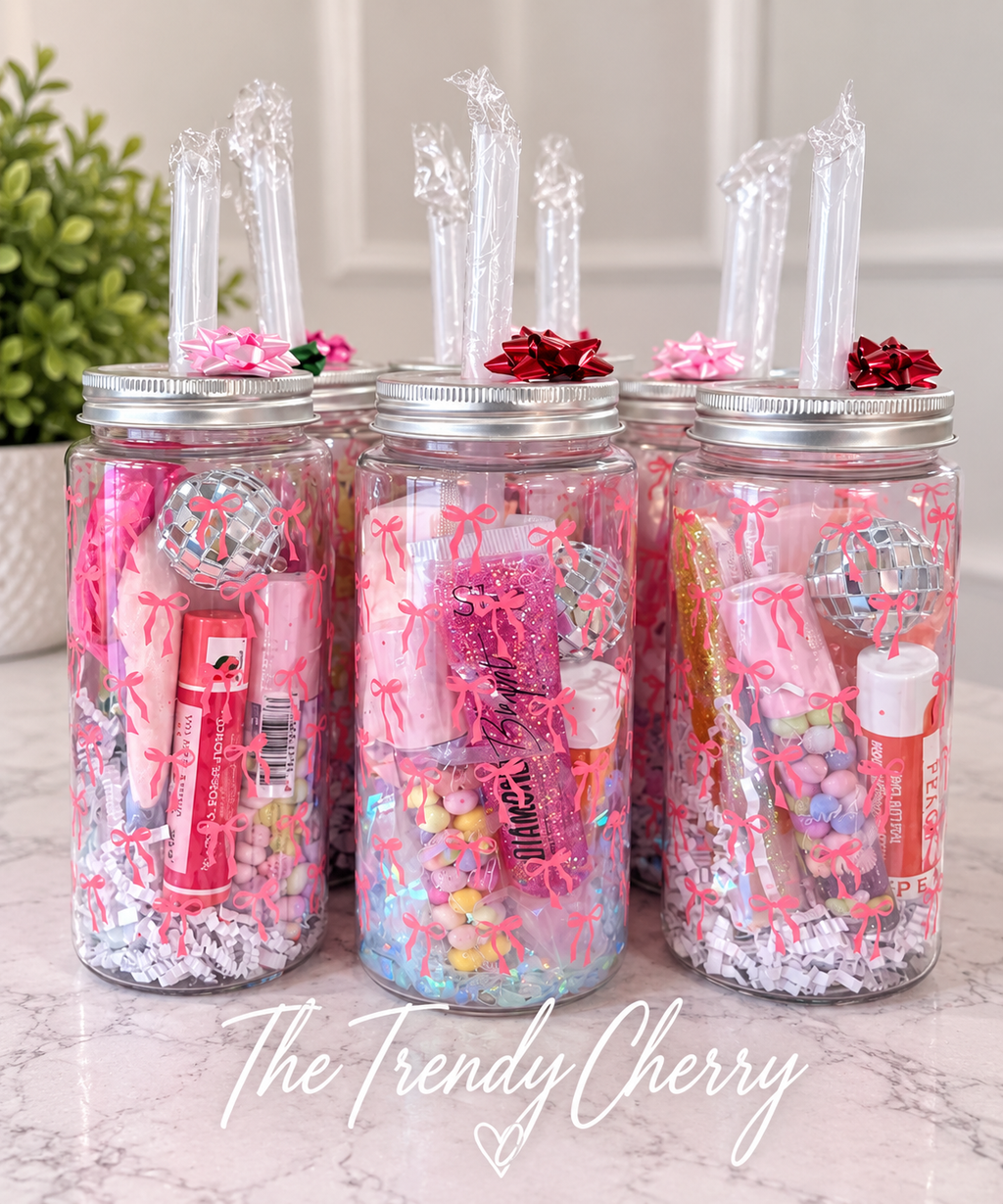 Pretty Pink Bow gift set-bow cup with straw, lip gloss, lip balm, makeup pads, disco ball
