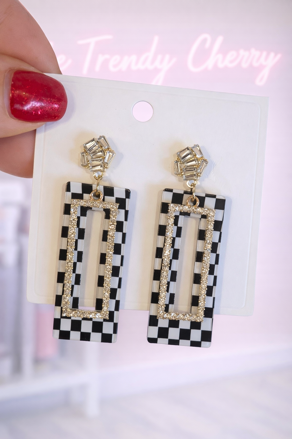 Double layer rectangle checkered earrings