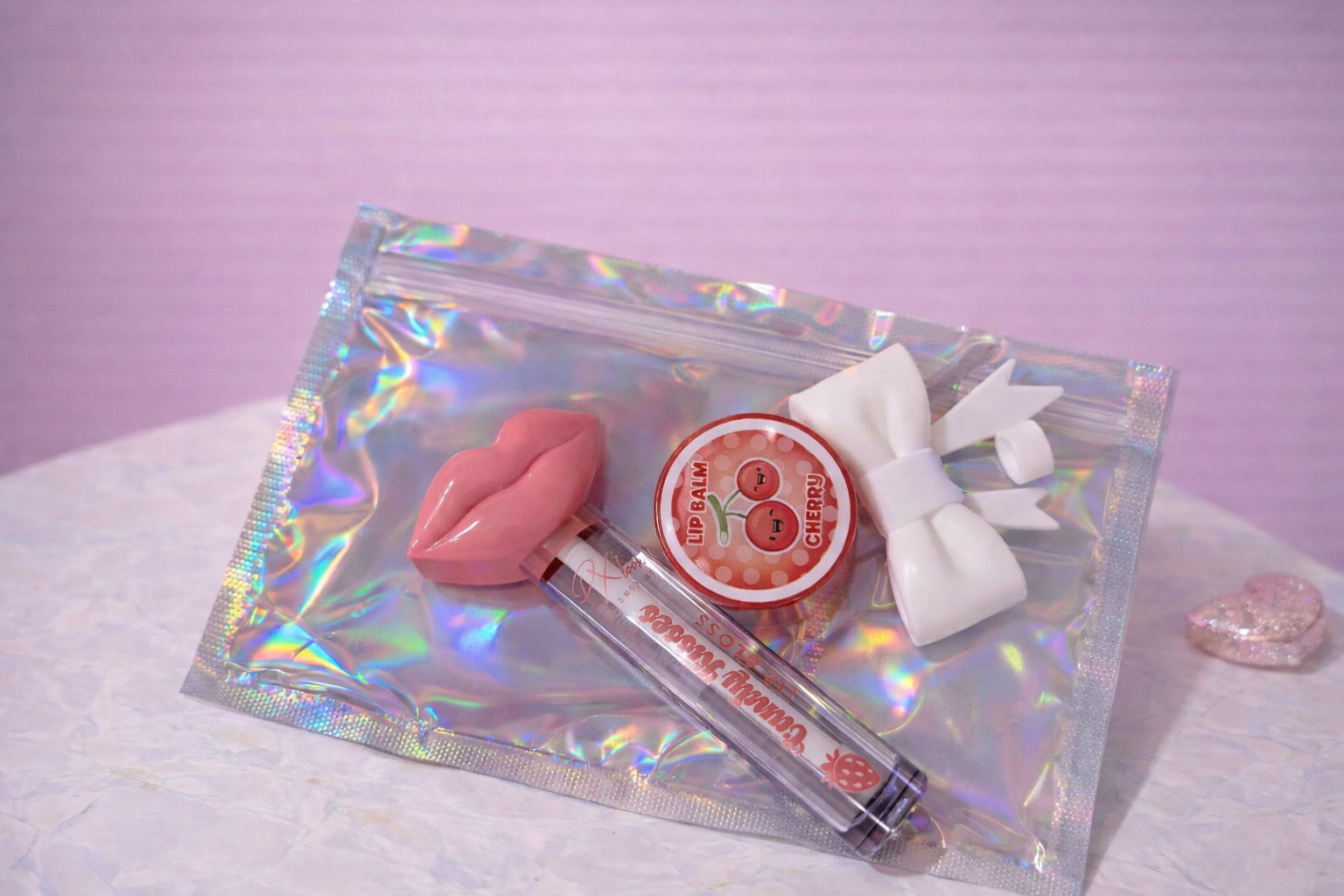 Kenna's Perfect Size Gift set- lipgloss, lip balm and large bow straw topper
