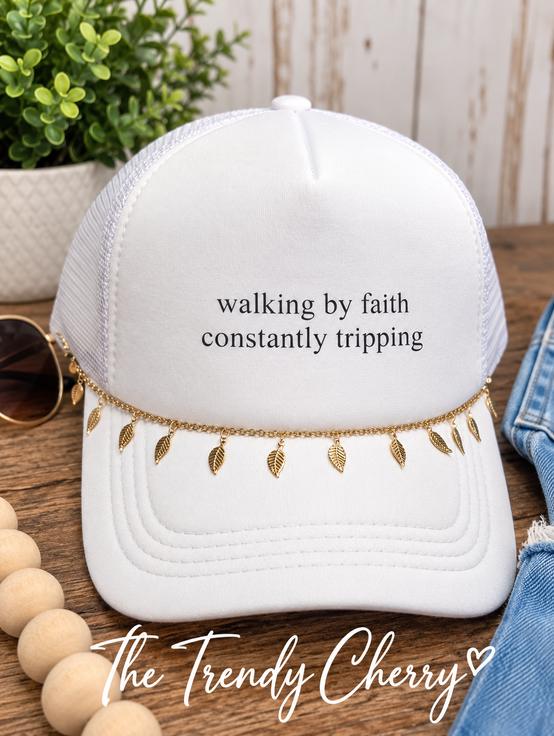 Walking by faith, constantly tripping Trucker Hat with removable chain