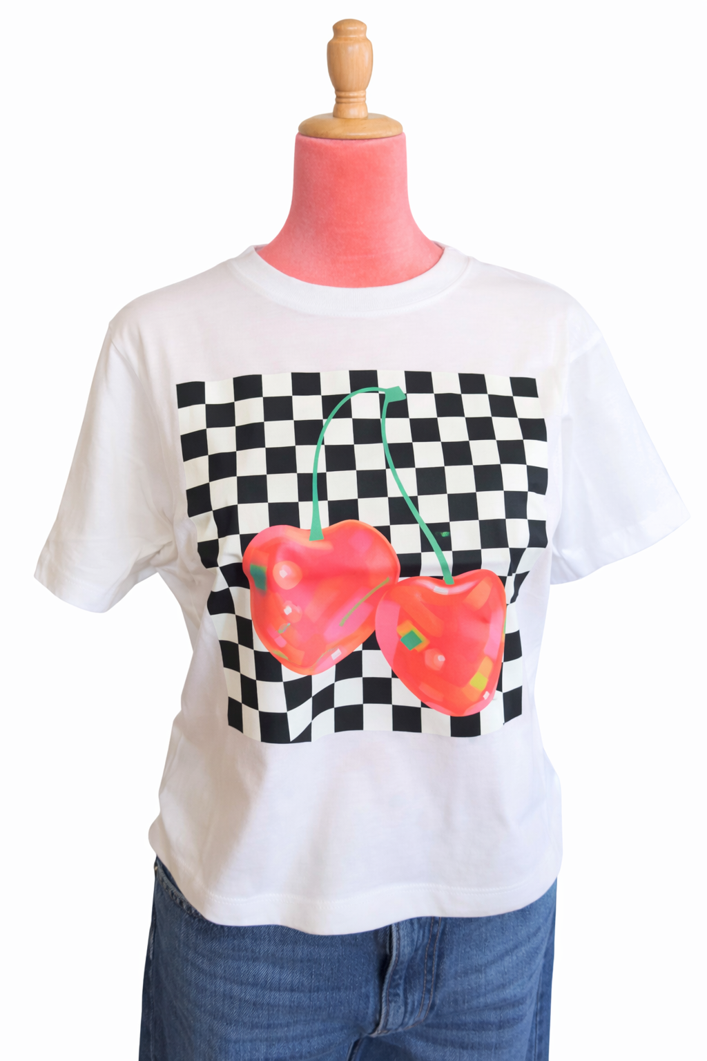 Zenana Cropped White Checkered Cherry Tee