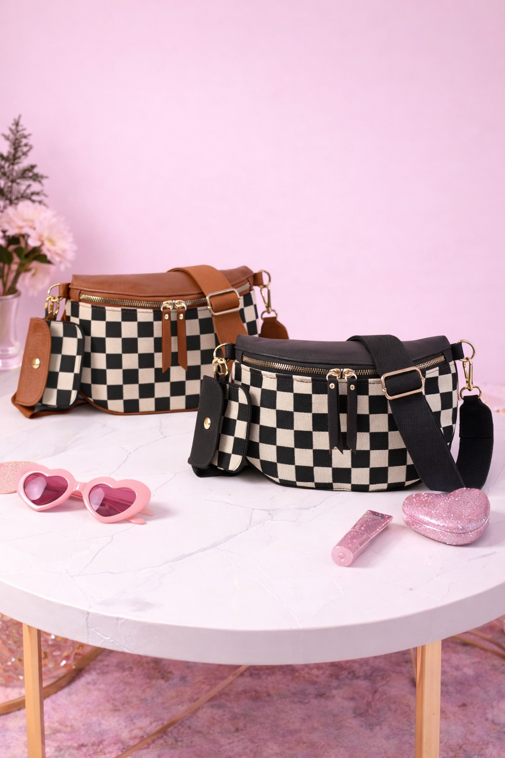 Checkered crossbody sling bag with wallet