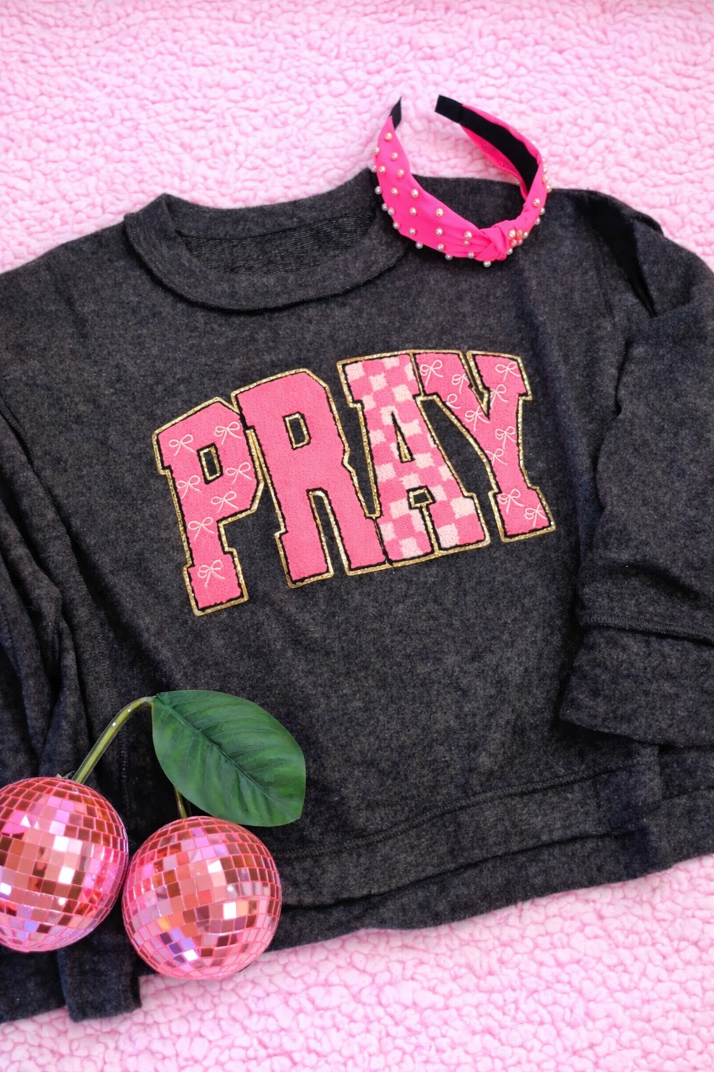 Pink Bow Pray Chenille Patch, Dark Grey Butter Soft Zenana Sweatshirt