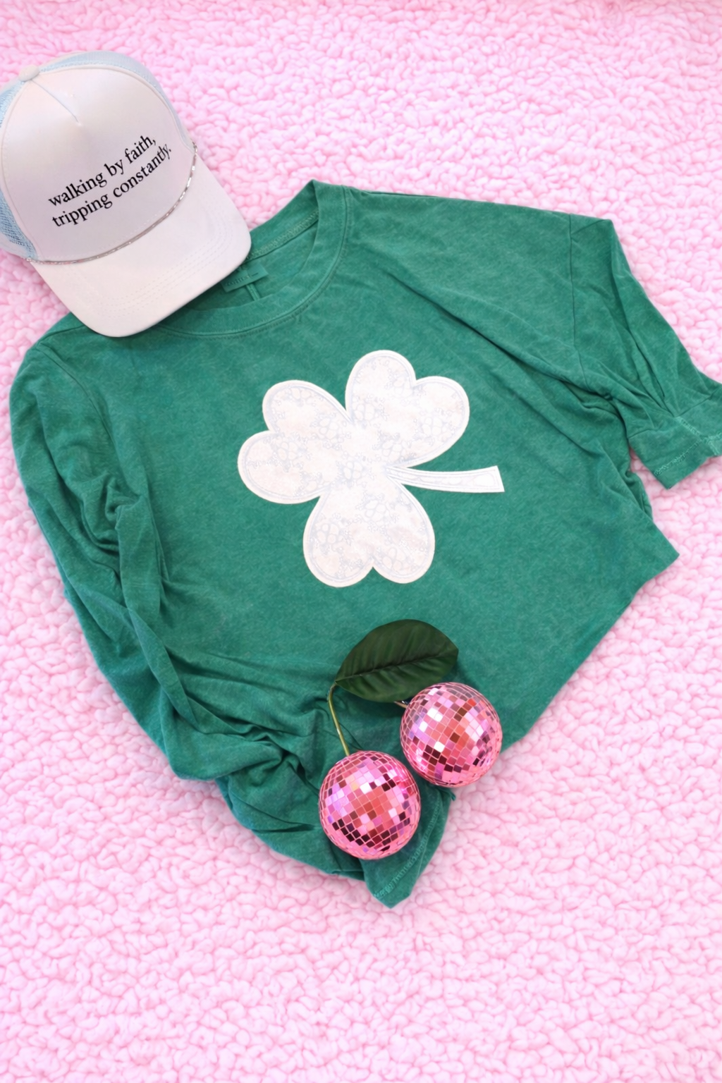 Zenana Pigment Dye Enzyme Washing Oversized White Lace Shamrock Chenille Patch Long sleeve