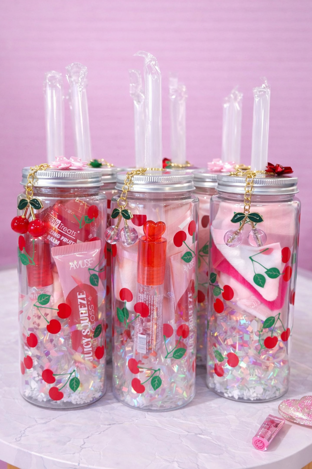 Cherry on top gift set-cherry cup with straw, lip gloss, lip balm, makeup pads, keychain