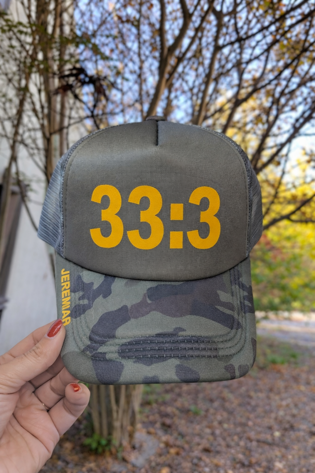 Jeremiah 33:3 camo trucker hat