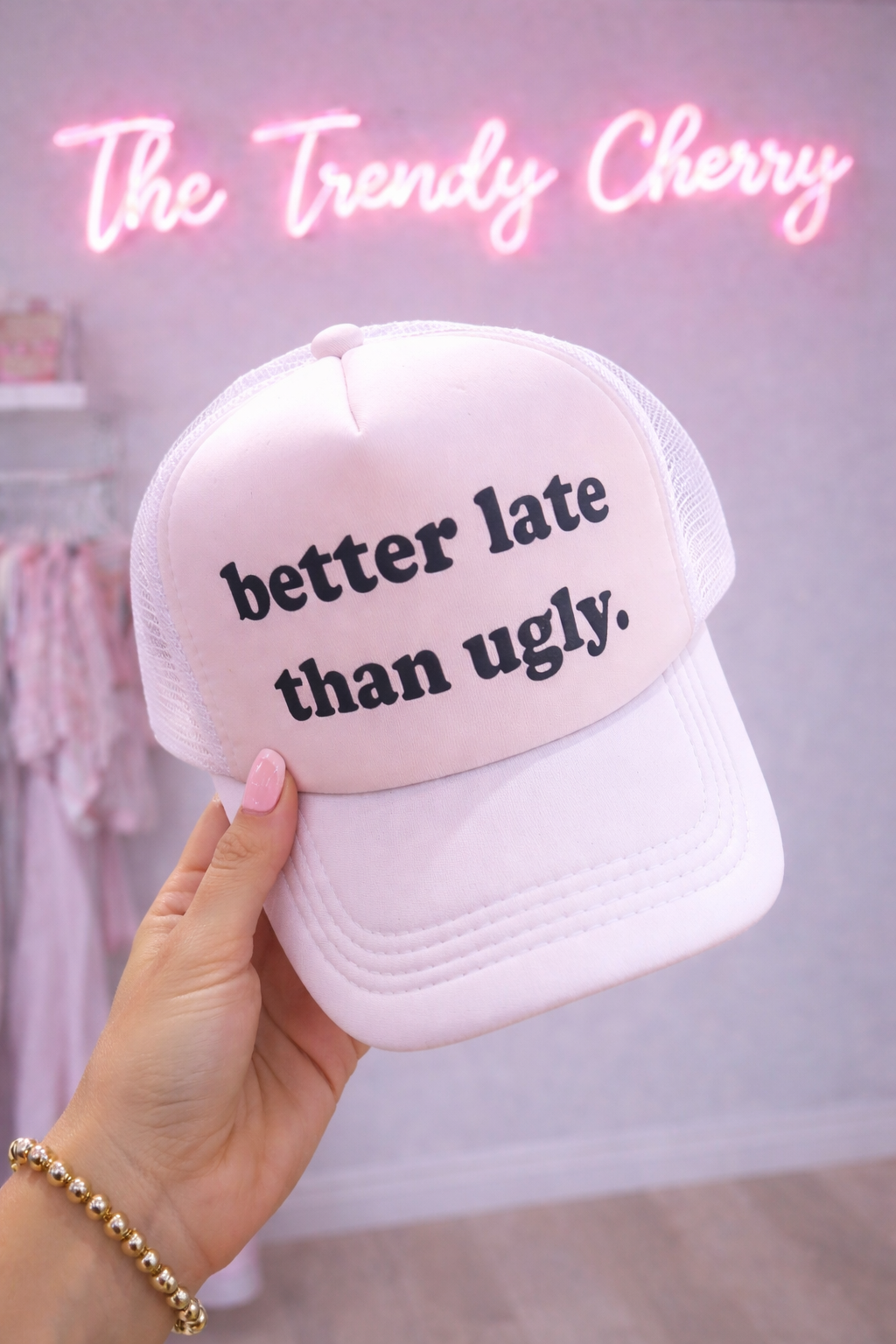 Better late than ugly- white trucker hat with gold chain