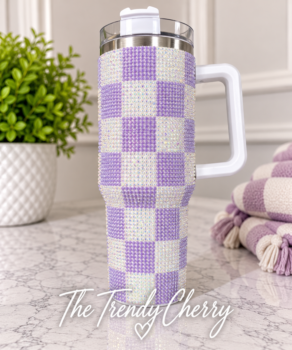 Beautiful 40 oz Rhinestoned purple checkered Tumbler
