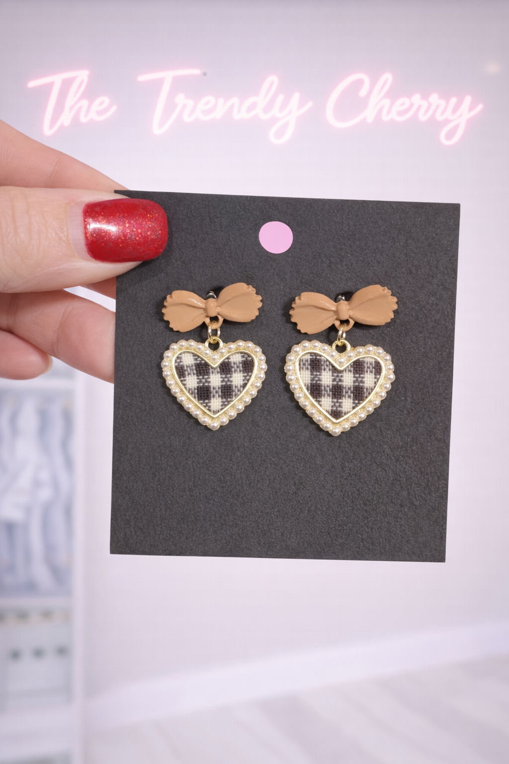 Plaid heart, bow topped earrings