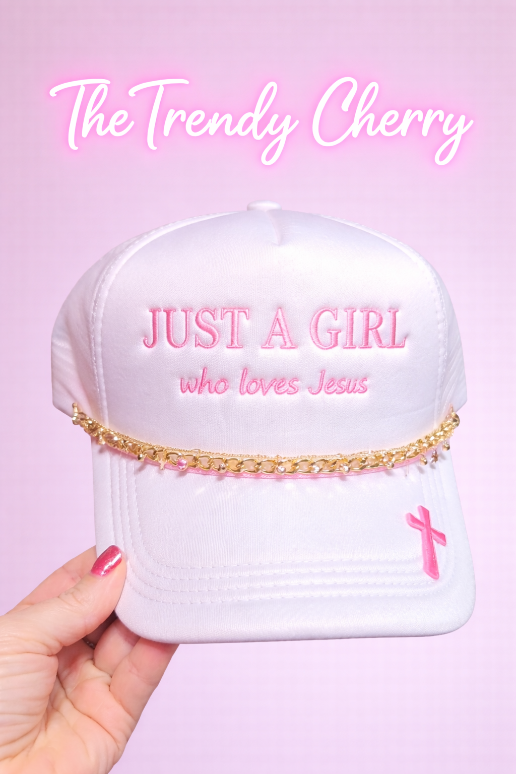 Just a girl who loves Jesus white trucker hat with gold chain