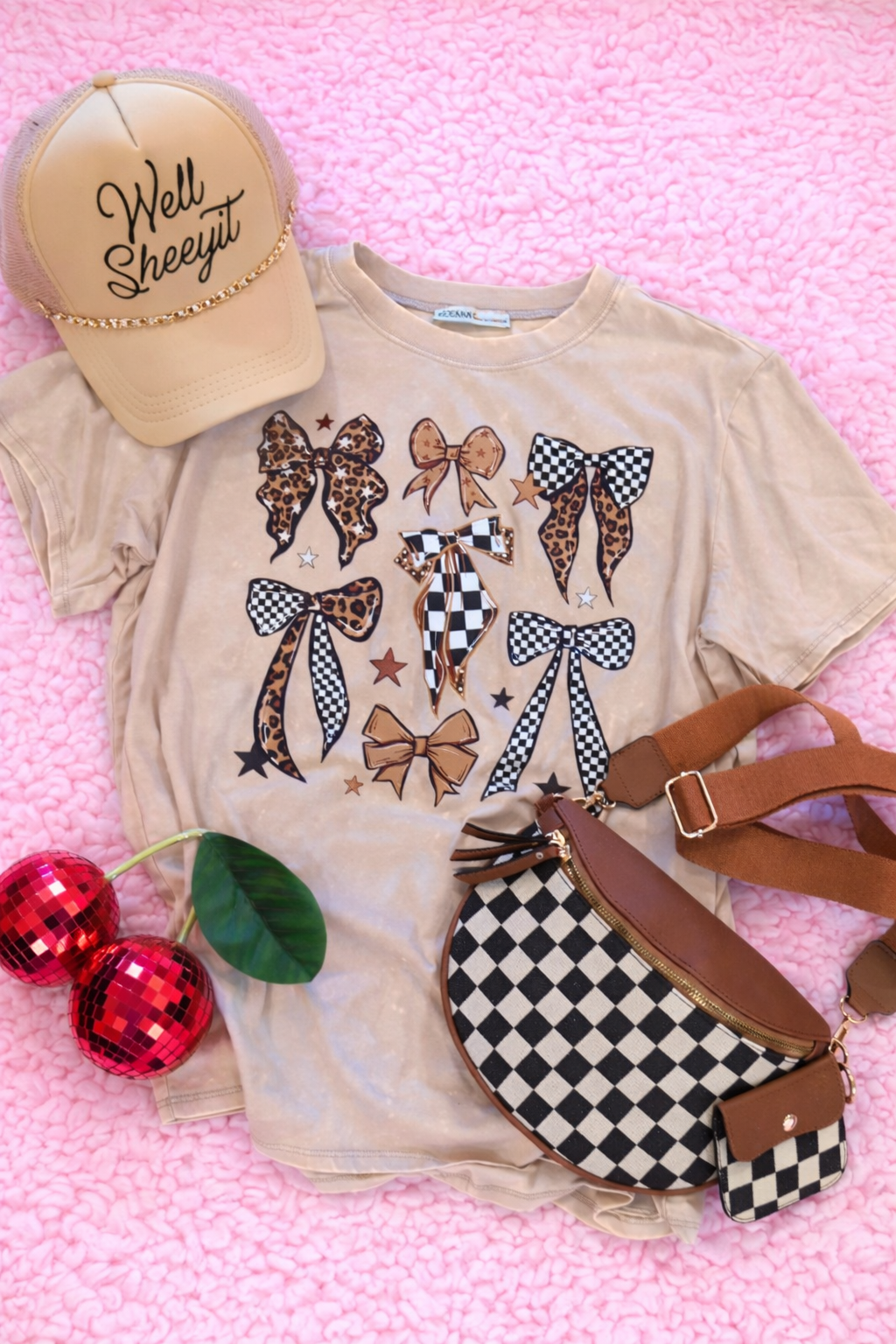 Ash Mocha Checked Bow love Zenana Washed Short Sleeve Top