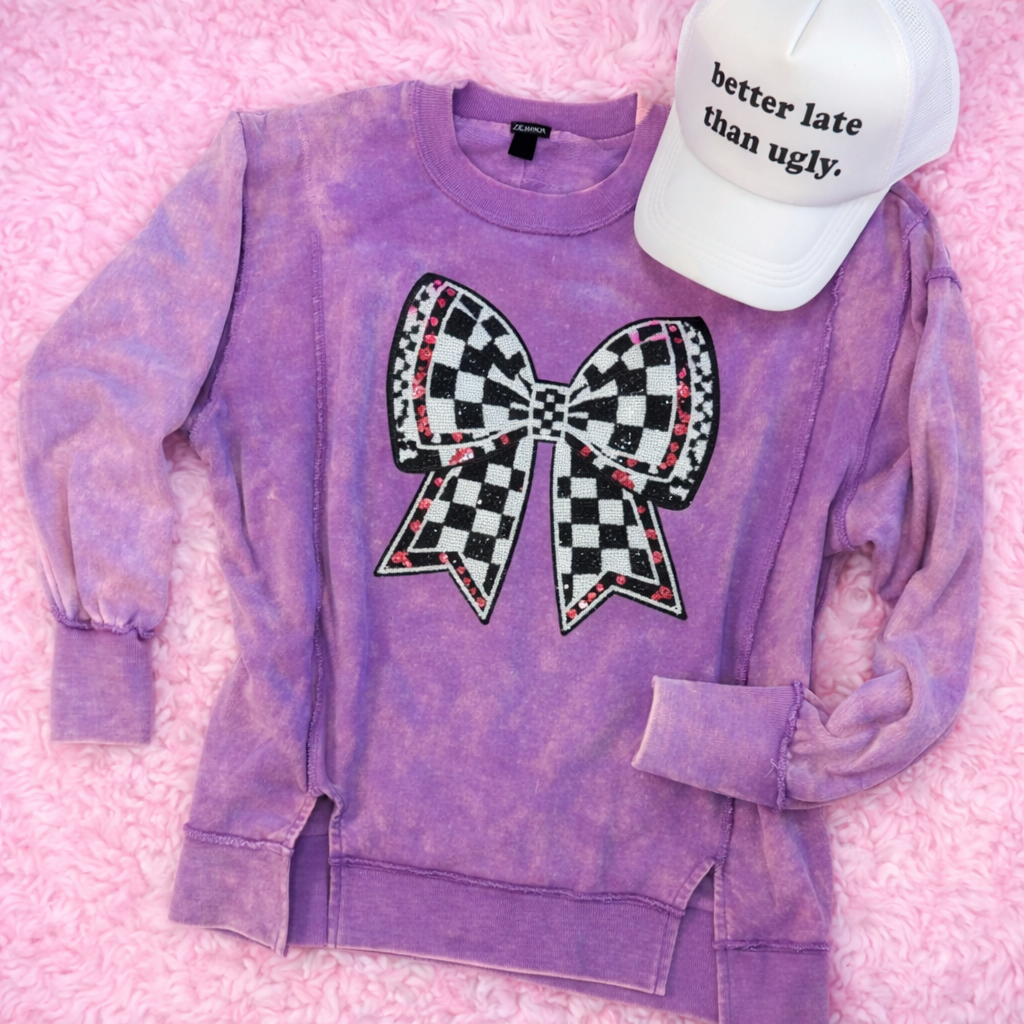 Zenana Acid Wash Sequined Chenille Patch Bow Oversized Sweatshirt
