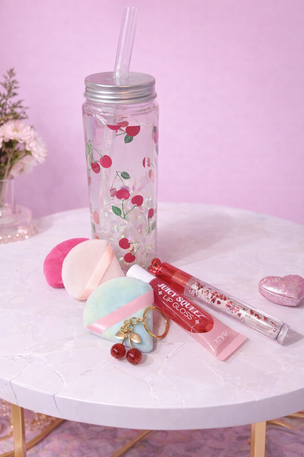Cherry on top gift set-cherry cup with straw, lip gloss, lip balm, makeup pads, keychain