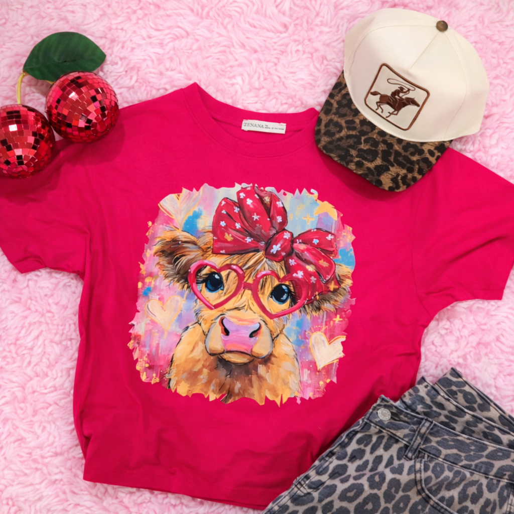Red Valentine's Day Cow On a Zenana Cotton Crew Neck Short Sleeve Long Cropped T-shirt (Copy)