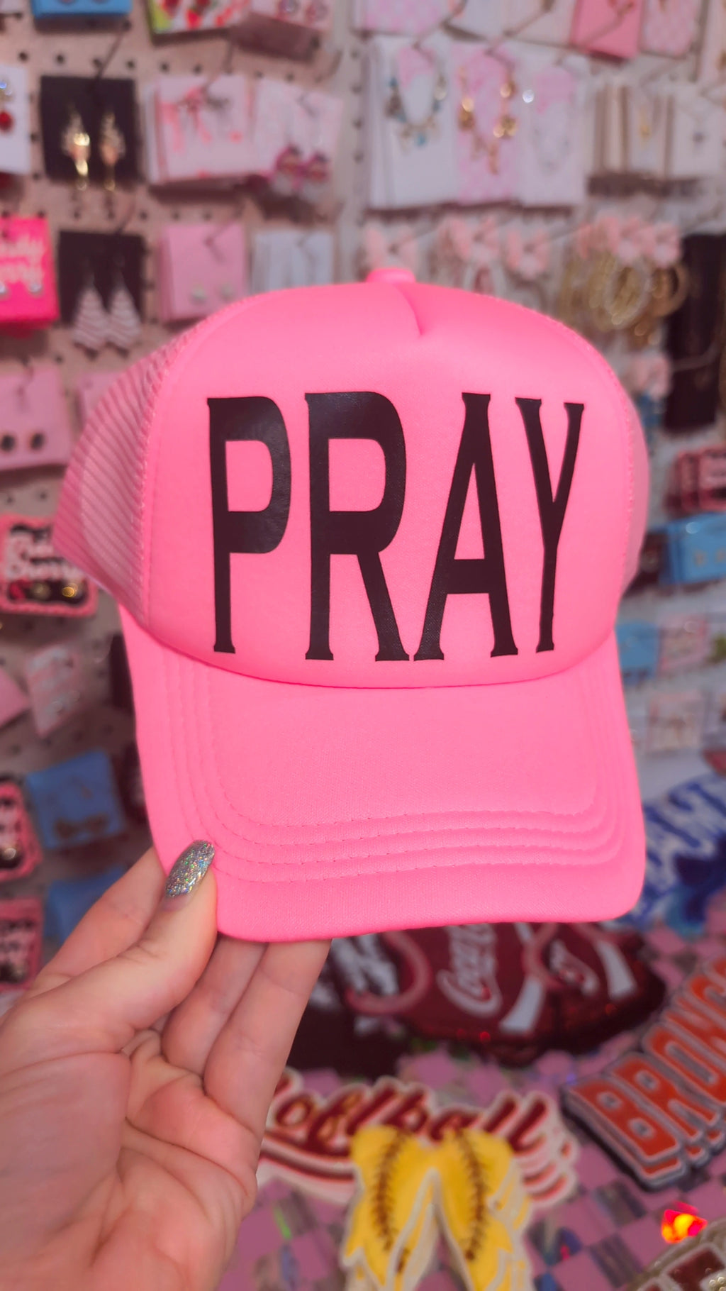 Loud and proud pink Pray trucker hat with gold chain