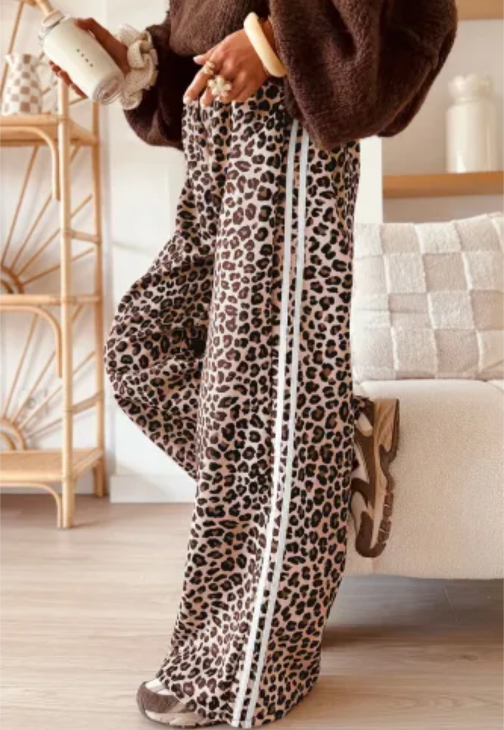 Beige Leopard Print Side Striped Detail Casual Wide Leg Pants