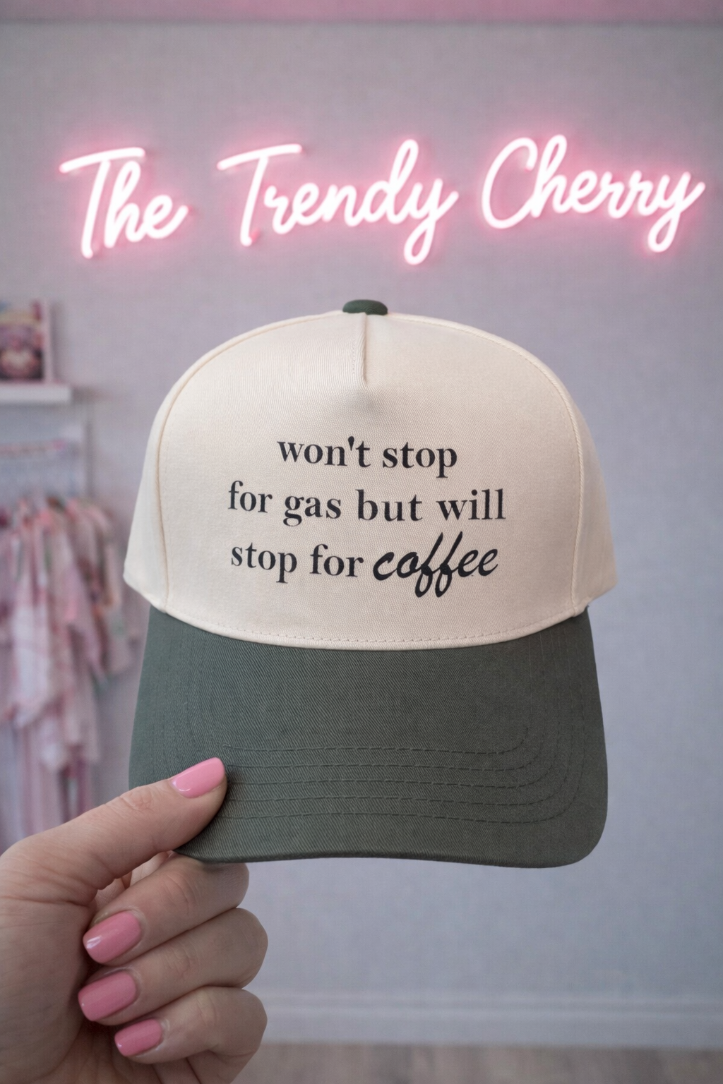 Won't stop for gas but will stop for coffee canvas trucker hat- olive green