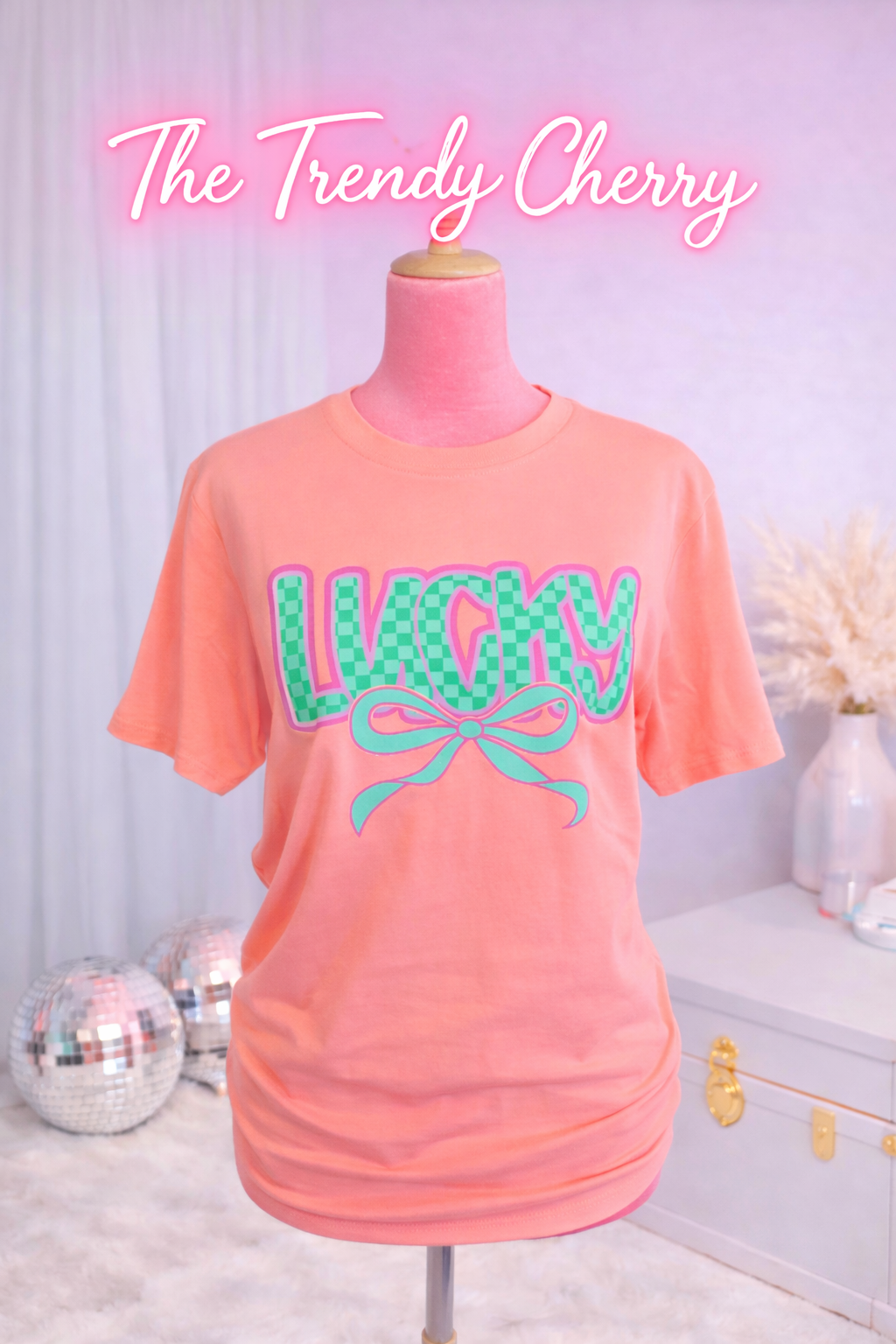 Lucky Checkered Bow Zenana Neon Orange Tshirt