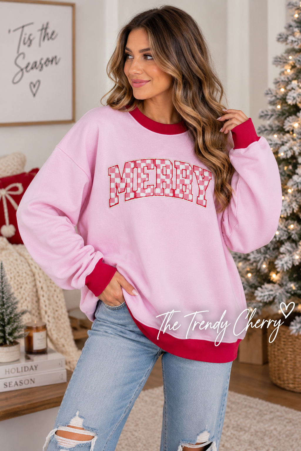 Merry Glitzy Patch on Pink and Red Mock Neck Lightweight Sweatshirt