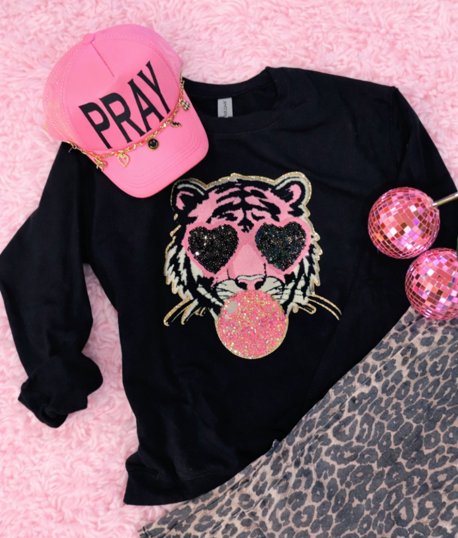 Bubble Gum Pink Tiger Chenille Patch Black Sweatshirt