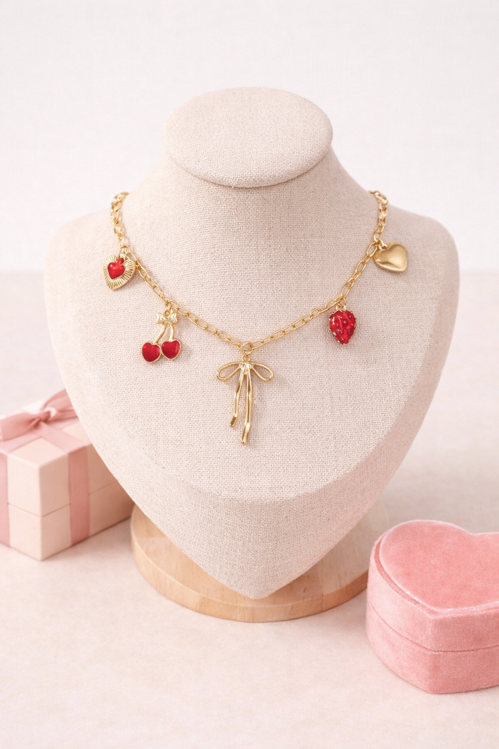 Cherry bow strawberry charm necklace