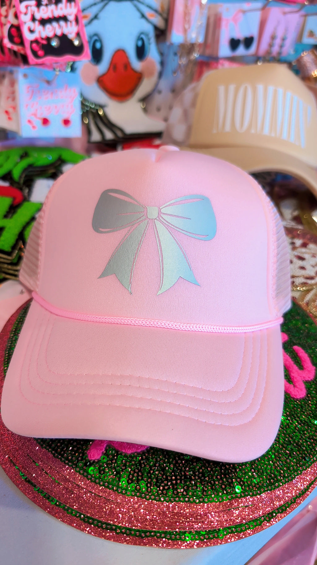 Pretty in Pink trucker hat with bow and pearl chain