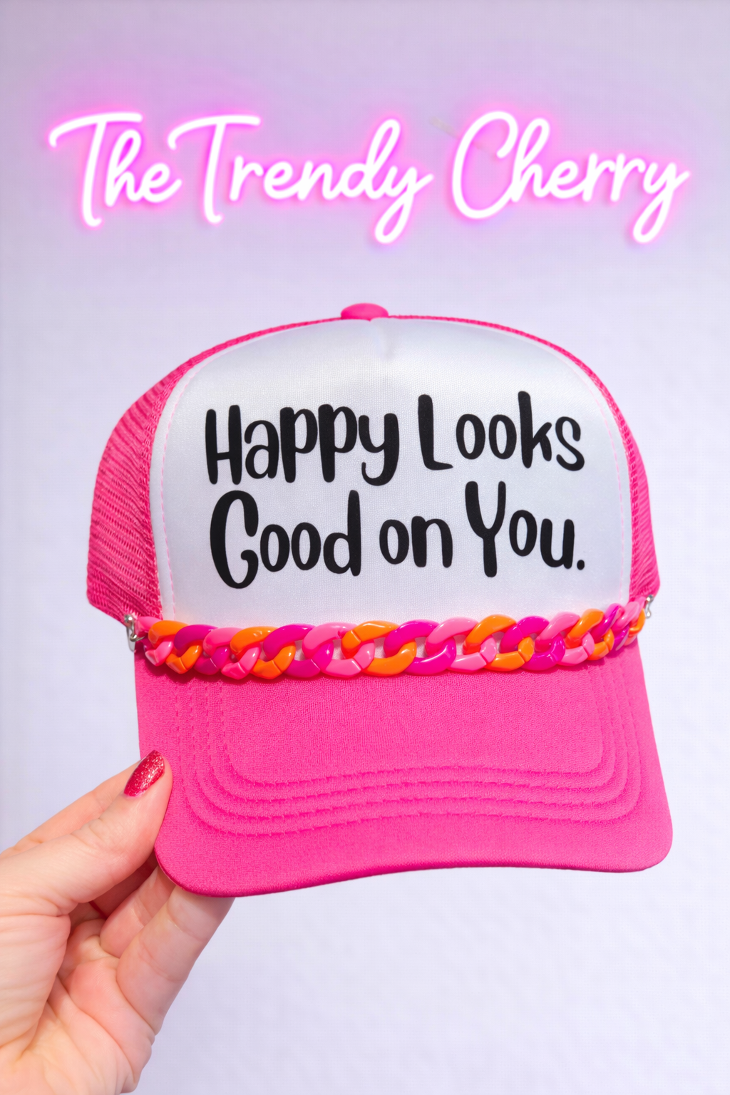 Happy looks good on you. Trucker hat with removable trendy chain