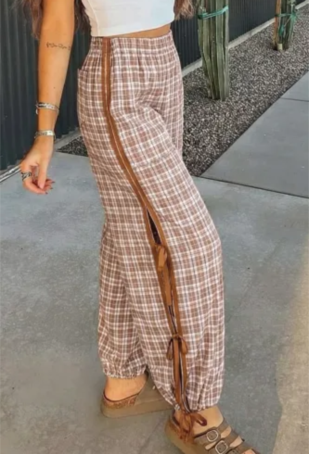 Chestnut Plaid Print Elastic Waist Bow Tie Contrast Detail Jogger Pants