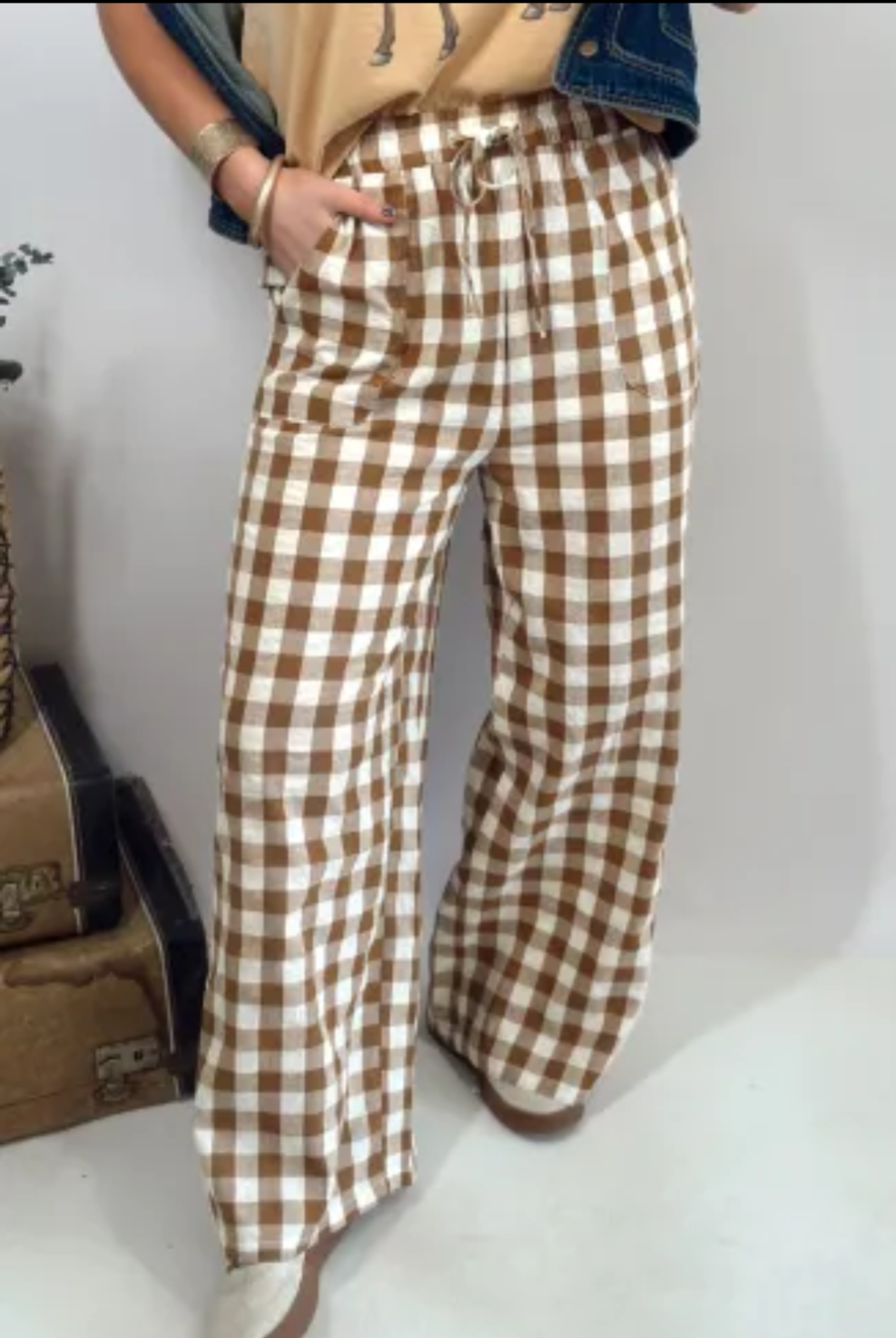 Brown Gingham Plaid Tie Elastic Waist Shift Pants